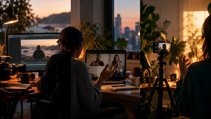 Collage aus einer filmenden Person, einer Videokonferenz und einem Creator, der mit einem Smartphone aufnimmt