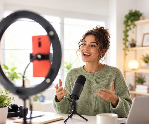 Lächelnder Podcaster, der neben einem Ringlicht in eine Kamera spricht