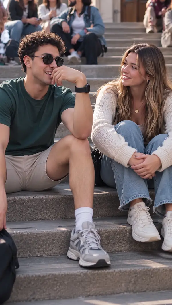 Zwei Personen, die sich auf einer Treppe im Freien unterhalten, Standbild eines Videos im Hochformat