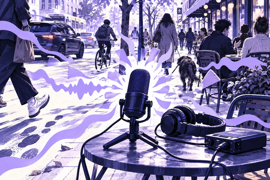 Illustrative Szene einer Person, die in der Nähe von Straßenverkehr eine Aufnahme macht