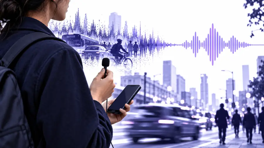 Person speaking beside a busy city street